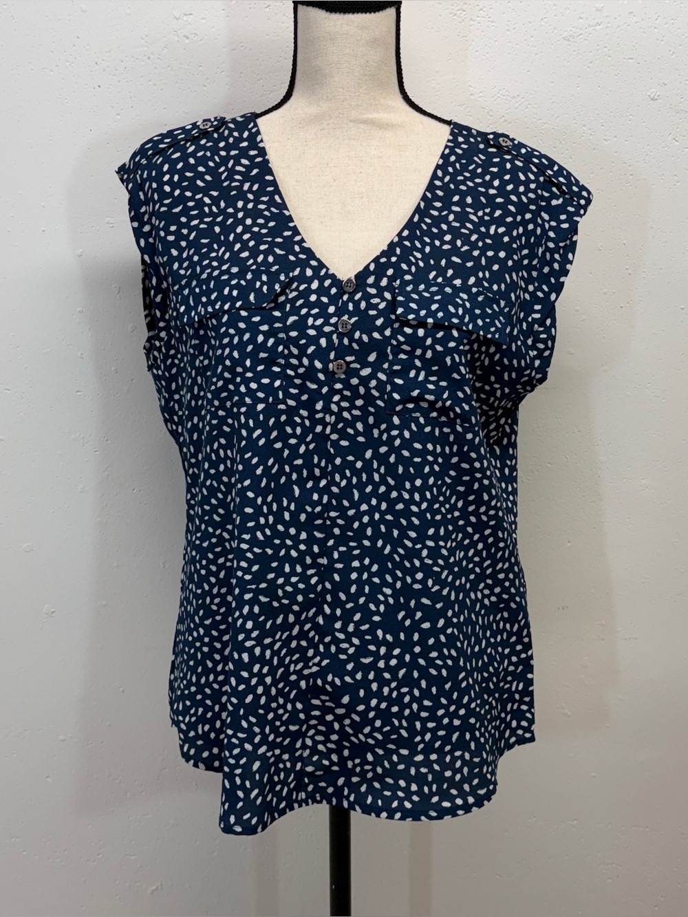 Sleeveless Navy Blue brush stroke V-Neck Women's Top